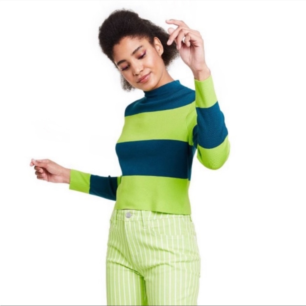 Victor Glemaud Lime Green and Teal Striped Turtleneck Sweater